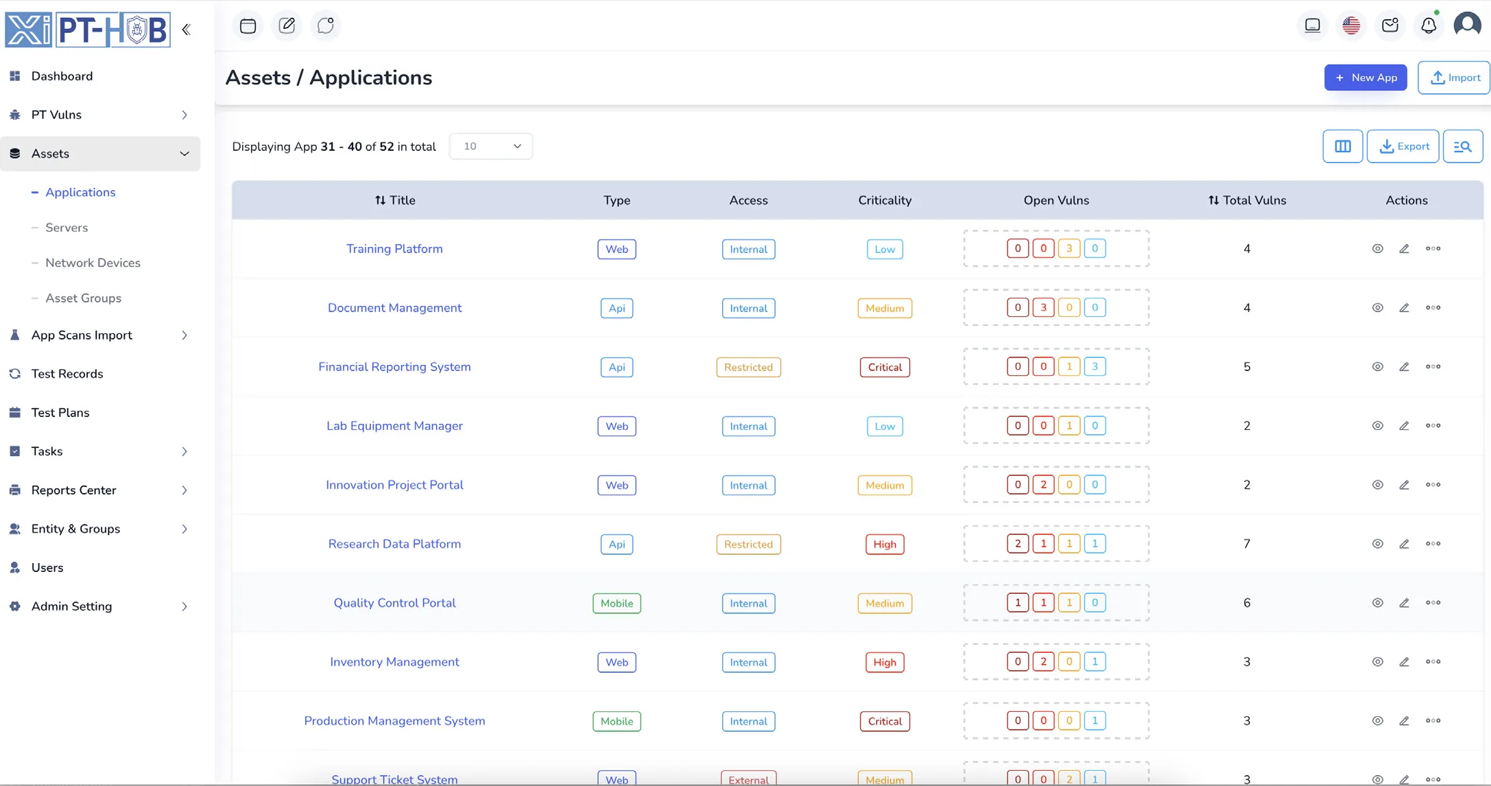 PT-Hub applications inventory listing each application with type, access level, business criticality, and open vulnerability counts