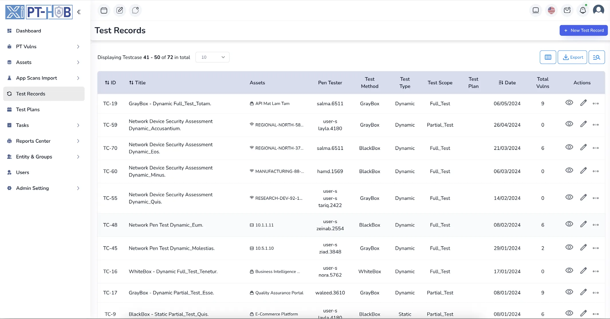 PT-Hub test records table listing tests with methodology, test type, scope, assigned pen tester, and target assets