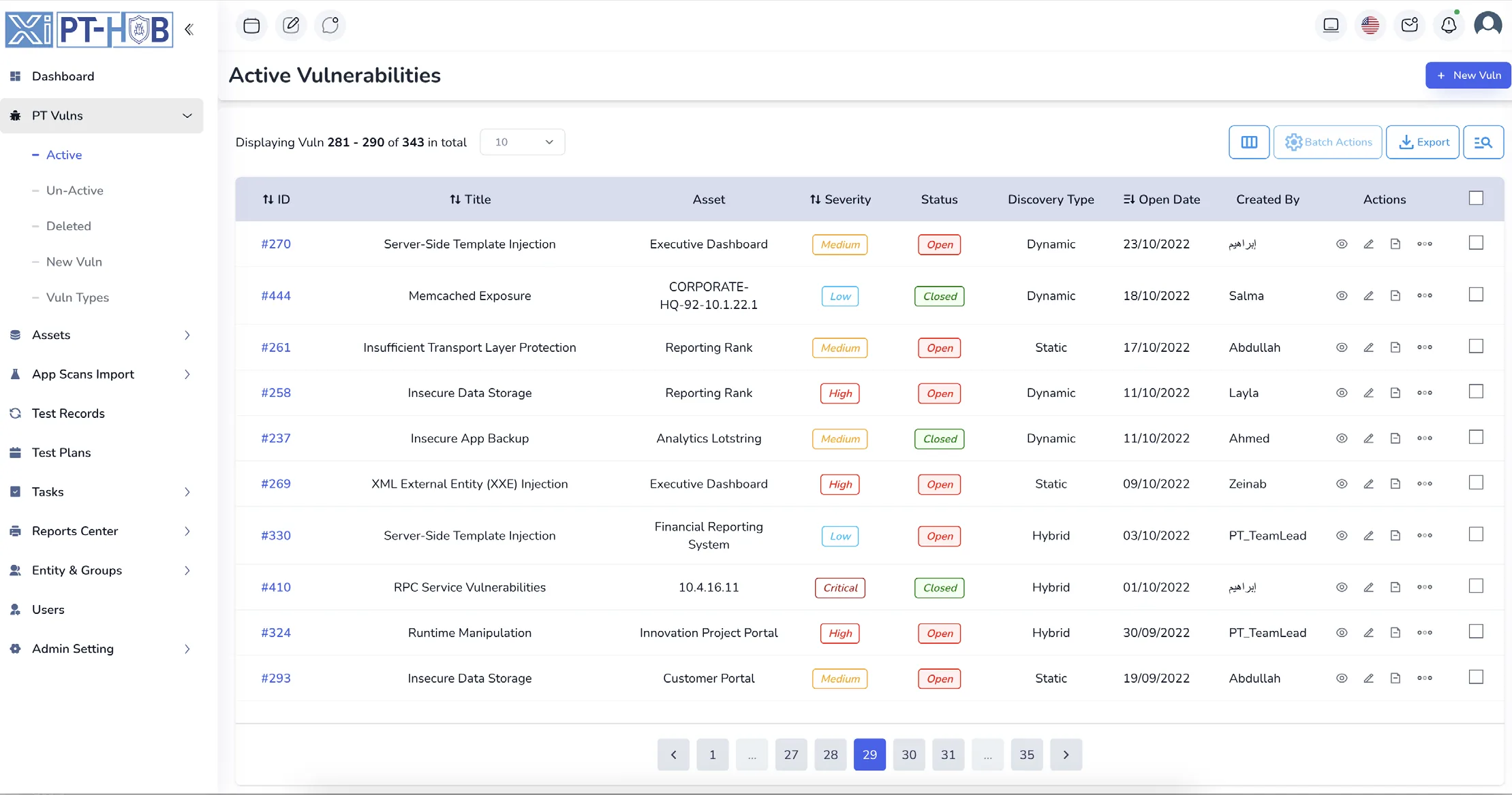 PT-Hub active vulnerabilities table listing findings with ID, title, affected asset, severity, status, discovery type, and open date